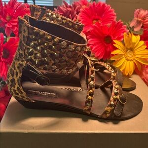 Foreign Exchange Animal Print Studded Ankle-Strap Sandals